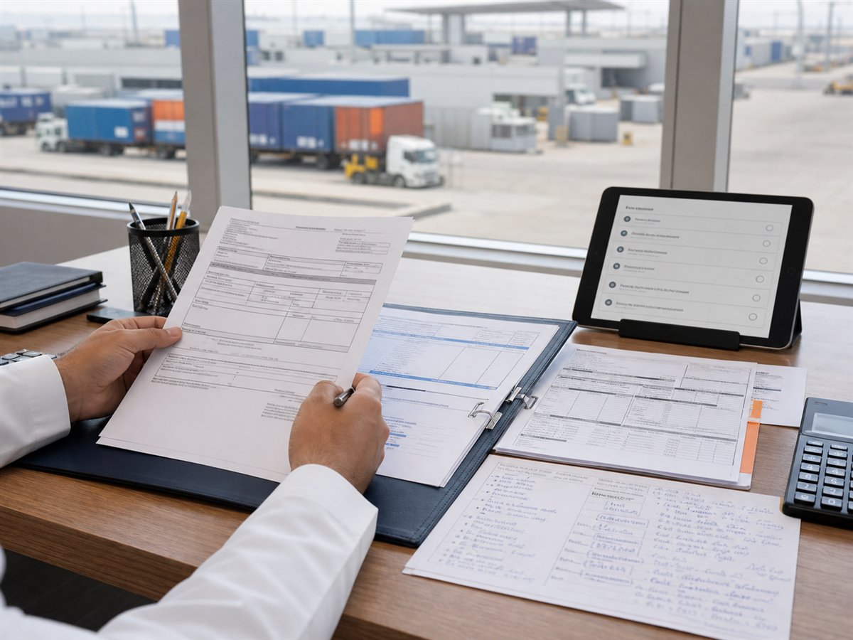 Commercial shipping documents being reviewed at a desk
